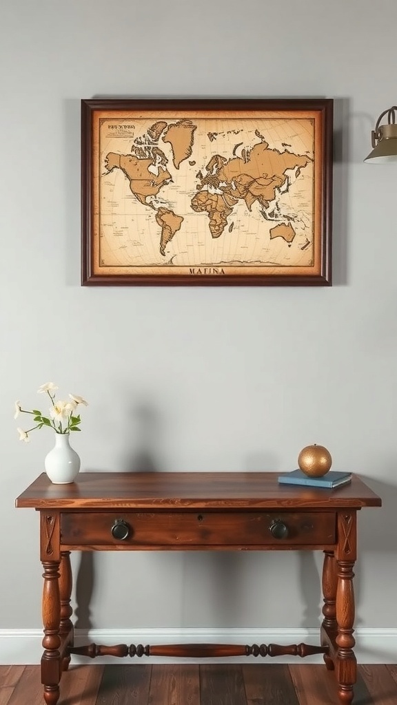 A vintage world map framed and hung on a wall above a wooden table with flowers and decor.