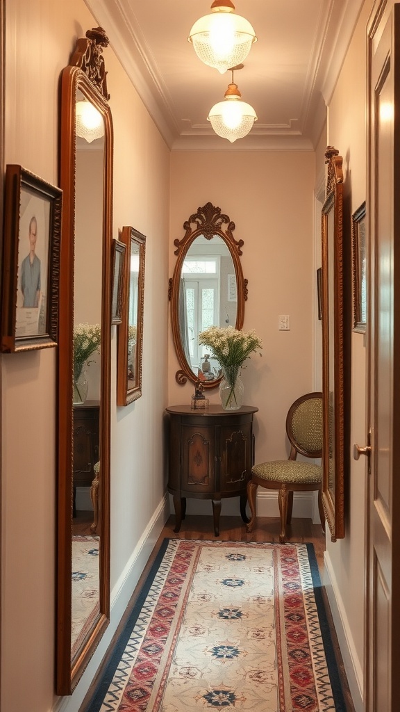 A hallway featuring vintage mirrors with wooden frames, a plant in a pot, and a rug on the floor.
