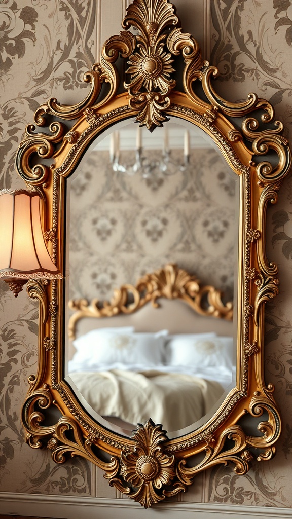 An ornate vintage mirror with a golden frame reflecting a romantic Rococo bedroom.