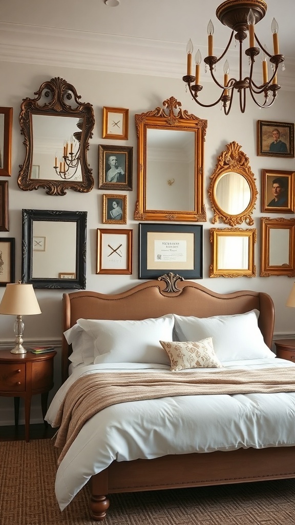 A cozy bedroom featuring a wall adorned with various vintage mirrors and frames.