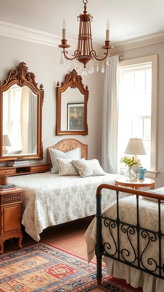 A vintage styled bedroom featuring ornate mirrors, a chandelier, and classic furniture.