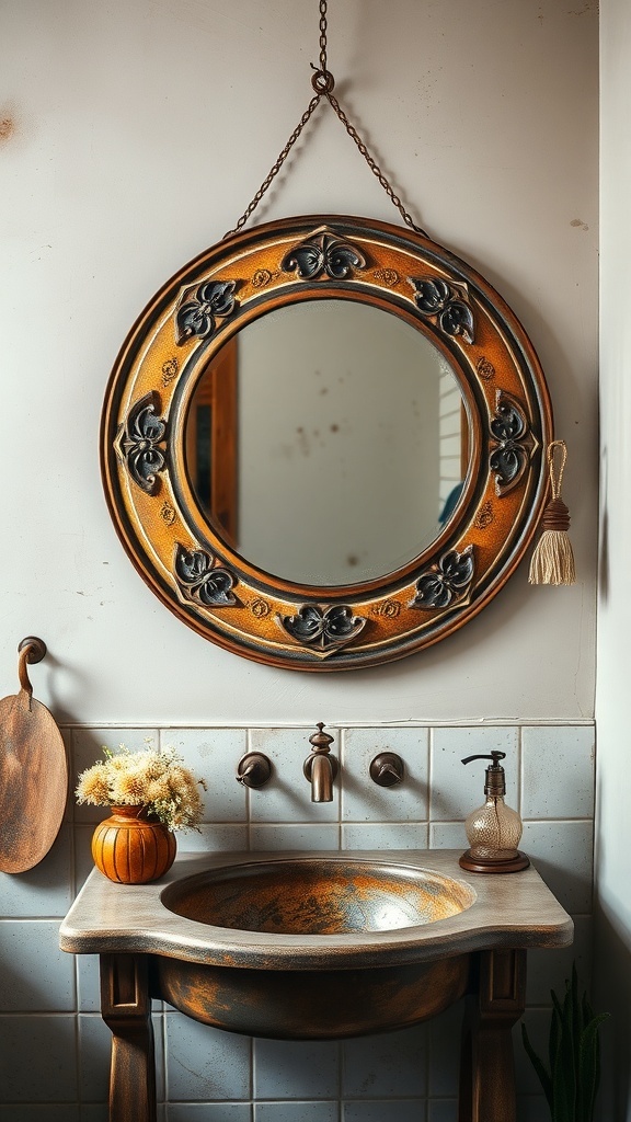 A vintage round mirror with intricate detailing hanging above a rustic sink in a boho bathroom.