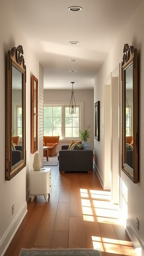 A hallway with vintage mirrors reflecting light, showcasing a cozy farmhouse style.