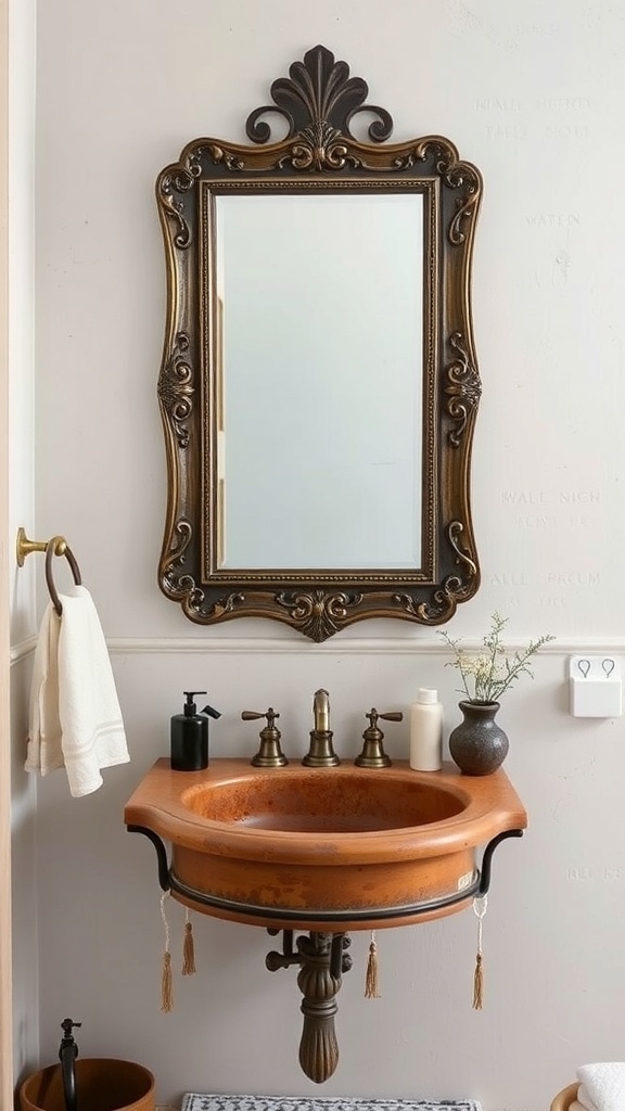 A vintage mirror with an ornate frame above a rustic sink in a bathroom.