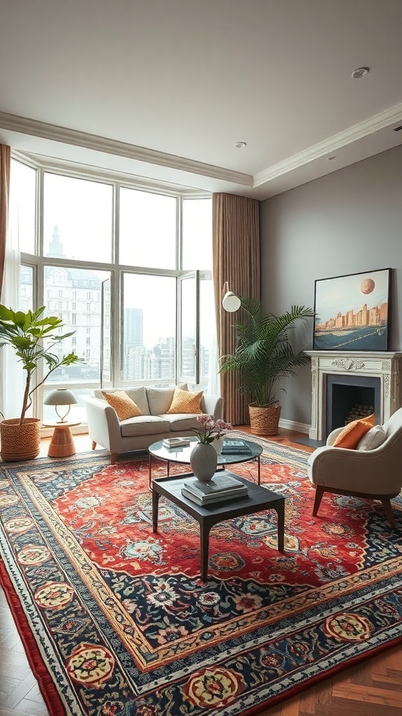 A stylish living room featuring a vintage Persian rug, modern furniture, and large windows.