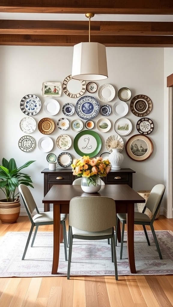 A wall display of vintage plates arranged in a decorative pattern above a dining table.