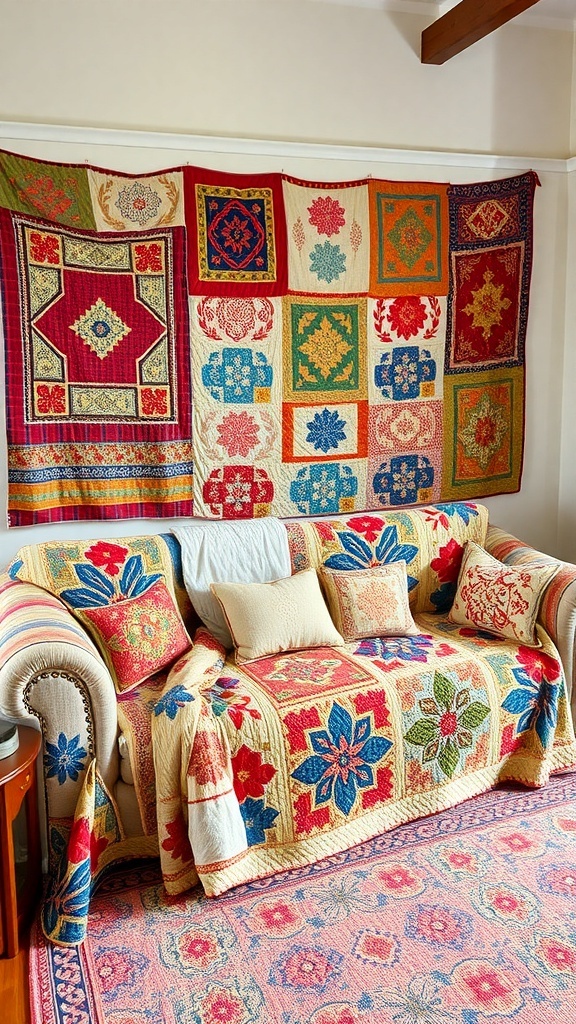 A cozy couch adorned with colorful vintage quilts and cushions, creating a warm and inviting atmosphere.
