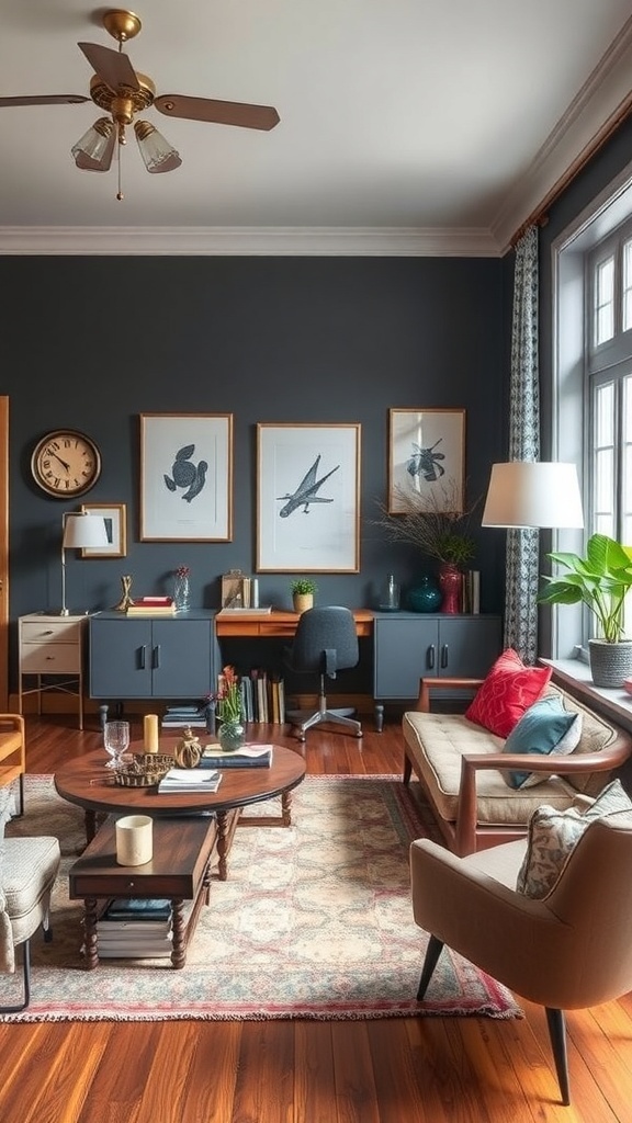 A cozy living room featuring vintage-inspired furniture, warm wood tones, and vibrant decor.