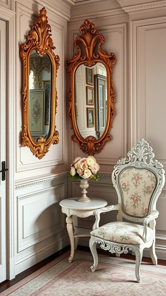 A vintage Rococo interior featuring ornate mirrors, a floral upholstered chair, and a small table with flowers.