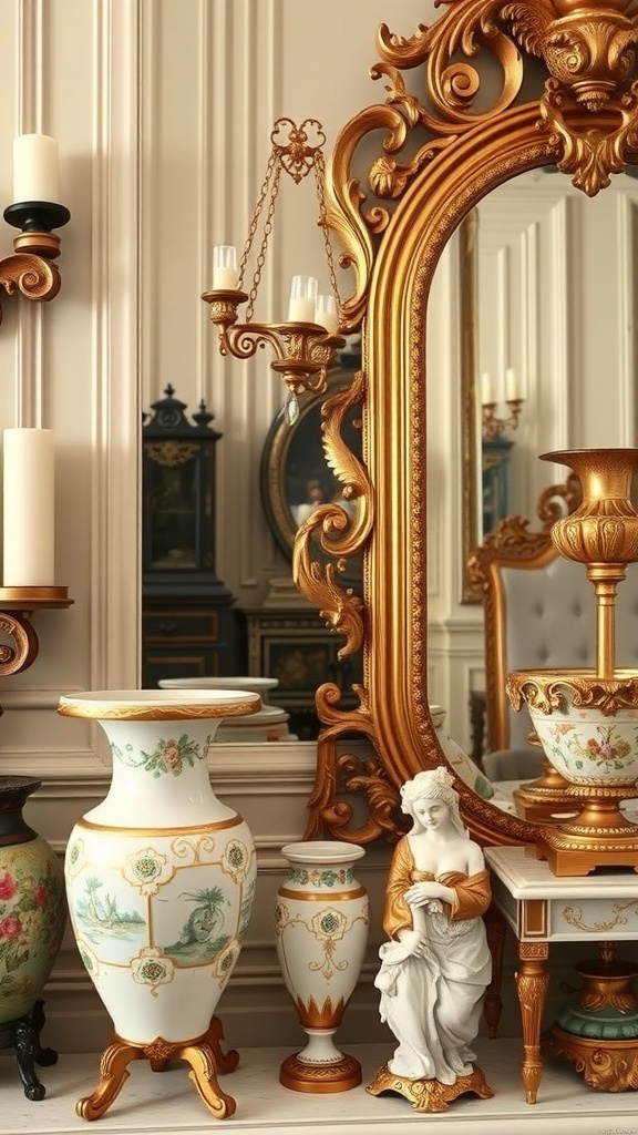 A collection of vintage Rococo accessories including ornate gold mirrors, porcelain vases, and a statue.