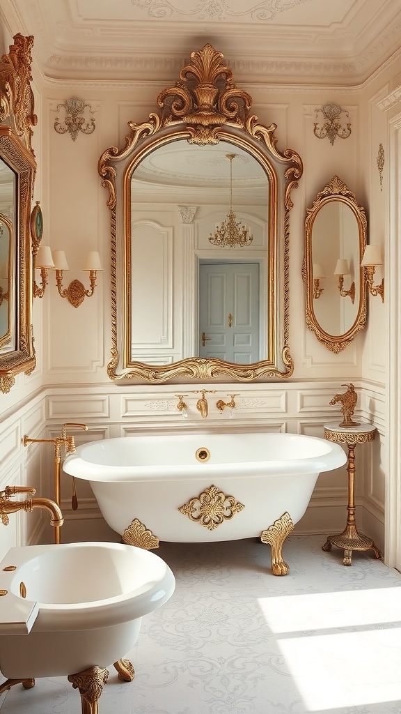 A vintage Rococo bathroom featuring ornate gold accents, a luxurious bathtub, and elegant mirrors.