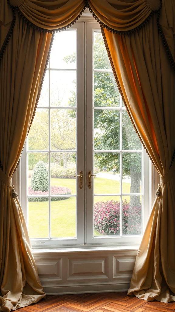 Elegant vintage Rococo curtains framing a window with a view of a garden
