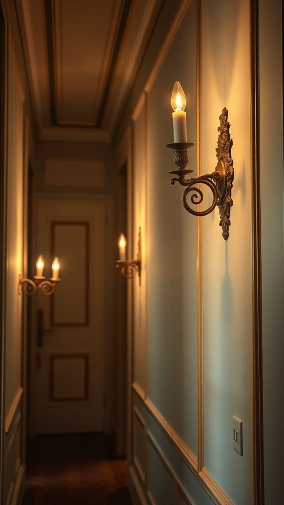 Vintage Rococo wall sconces illuminating a hallway