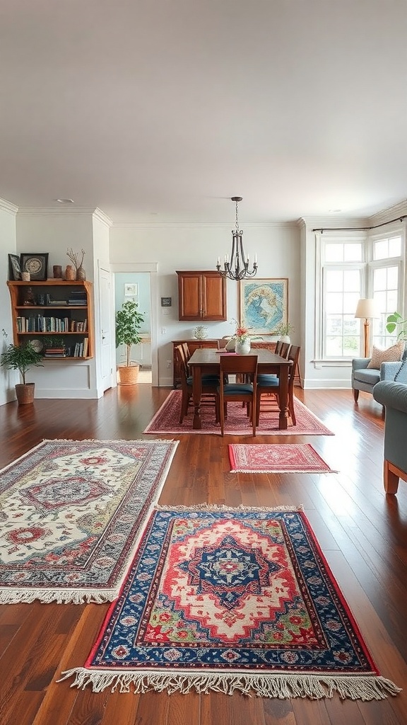 Cozy dining area featuring vintage rugs on wooden floor
