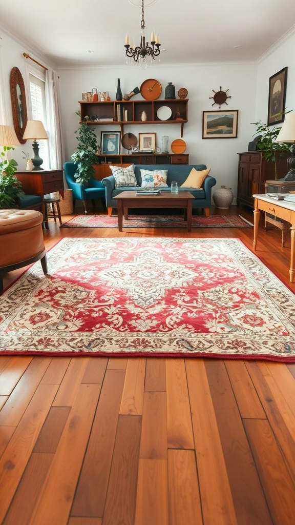 A cozy living room featuring a vintage red and cream patterned rug on wooden flooring, with teal furniture and decorative items on shelves.