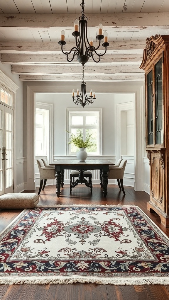 A vintage rug with Rococo patterns in a cozy dining area featuring a wooden table and chairs.