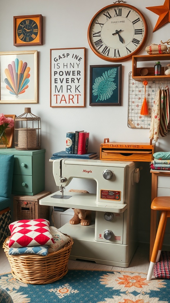 A vintage sewing machine displayed in a cozy decor setting, surrounded by colorful art and accessories.