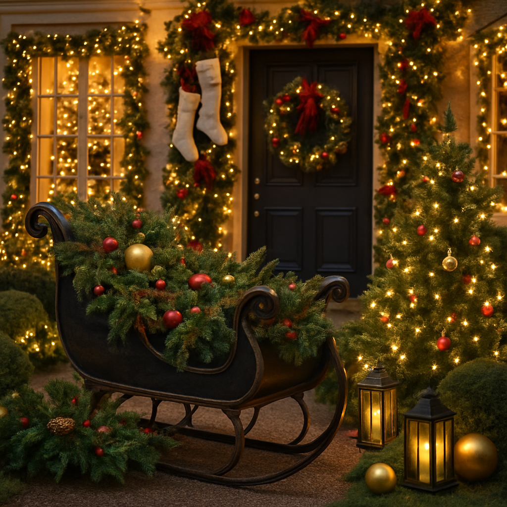 A vintage sleigh decorated with greenery and ornaments, surrounded by Christmas lights and trees.