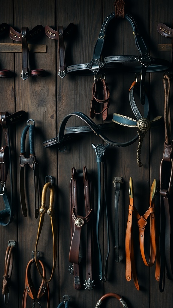 A collection of vintage spurs and bridles displayed on a wooden wall.