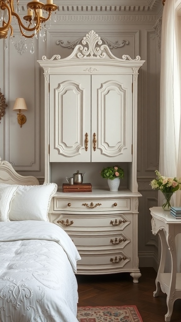 A vintage Rococo style armoire in a romantic bedroom setting.