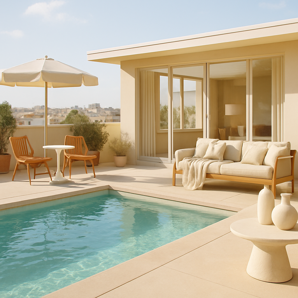 Ein eleganter Poolbereich mit Holzstühlen, einem Tisch und einem Sonnenschirm, umgeben von einer minimalistischen Architektur.