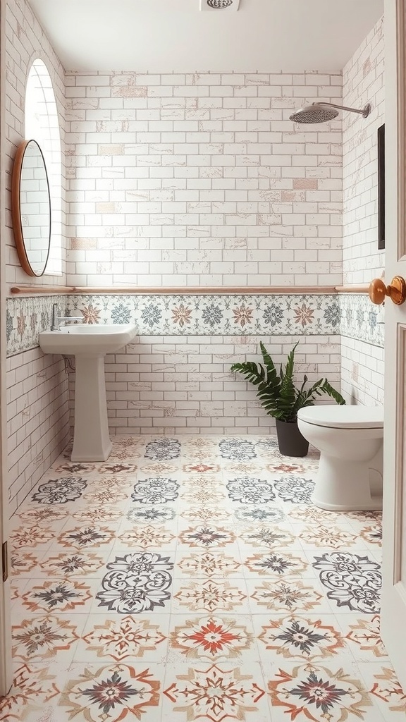 A vintage style bathroom with patterned floor tiles, white brick walls, a round mirror, and a plant.