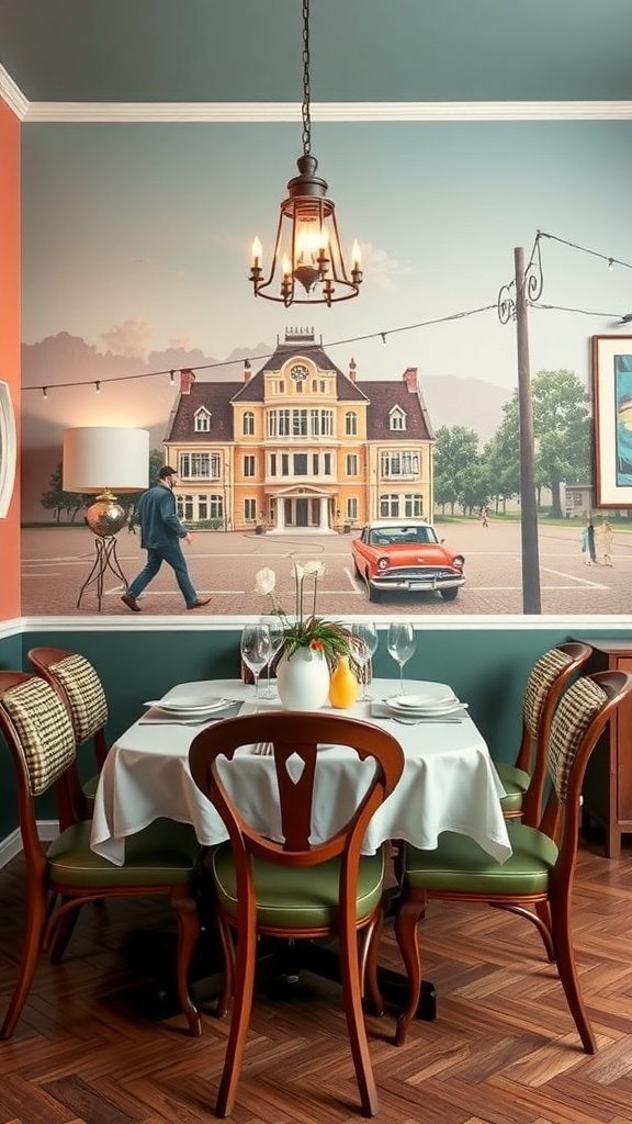 A vintage-style dining room with a mural of a yellow mansion and a vintage car, featuring a round dining table with a white tablecloth and wooden chairs.