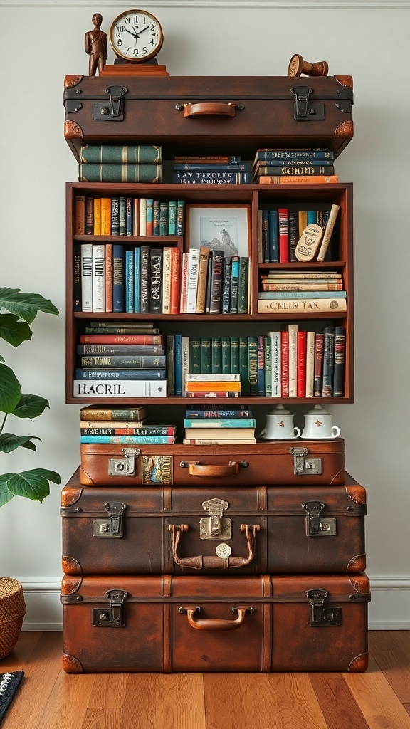 A vintage suitcase bookshelf displaying books and decorative items.