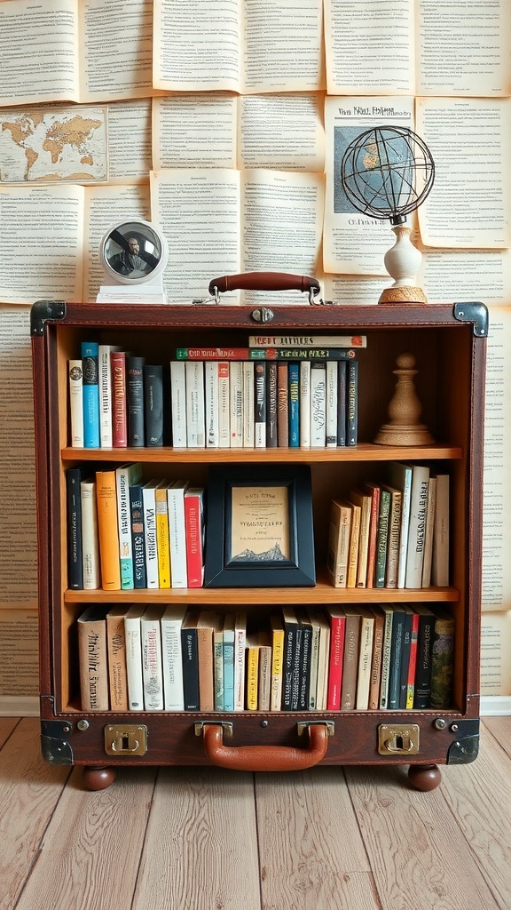 A vintage suitcase bookshelf filled with books, decorated with a globe and a photo frame.