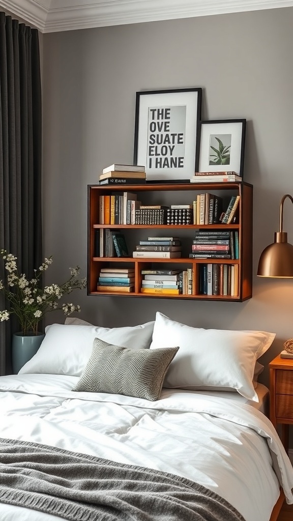 A vintage suitcase bookshelf mounted above a bed, showcasing books and decorative items.