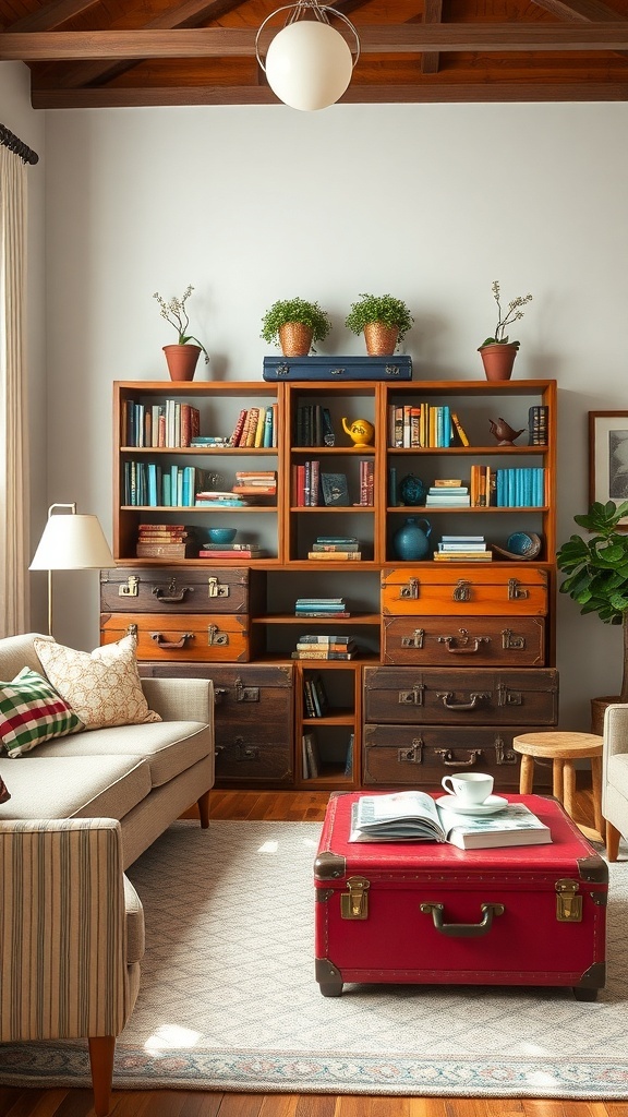 A living room featuring vintage suitcase bookshelves, colorful books, and potted plants.