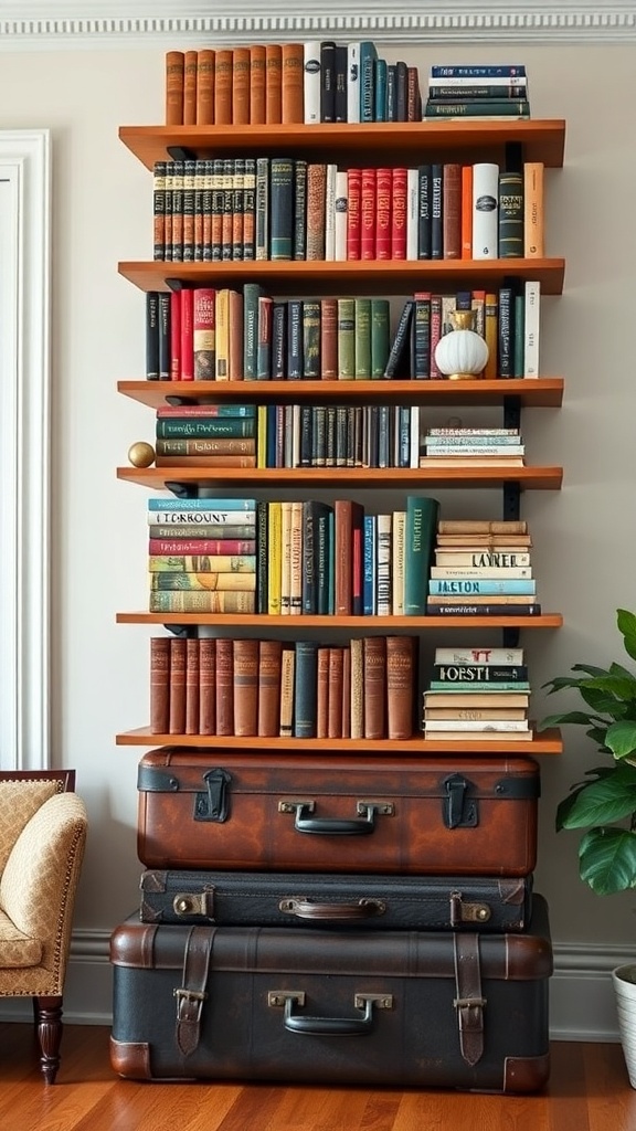 A bookshelf made of vintage suitcases with books on wooden shelves above.