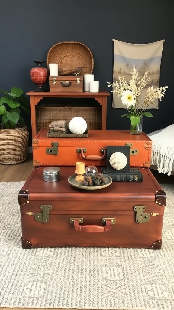 A vintage suitcase coffee table styled with decorative items and plants.