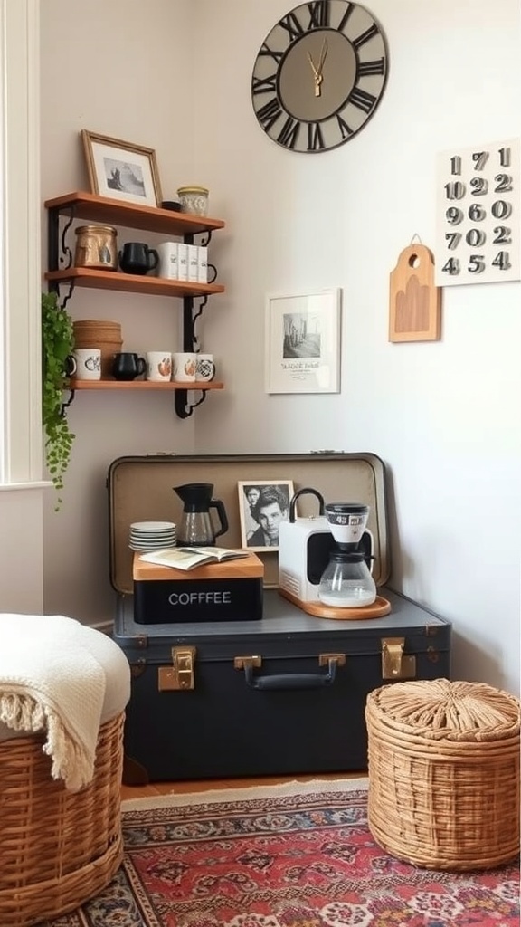 A cozy coffee nook featuring a vintage suitcase as a coffee table, with shelves displaying mugs and decor.