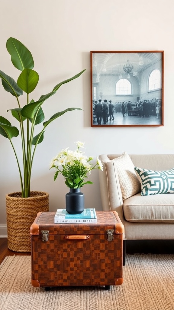 A vintage suitcase used as a side table with a plant and books on top.