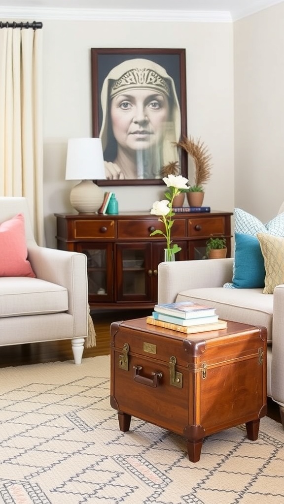 A vintage suitcase used as a side table in a cozy living room setting.