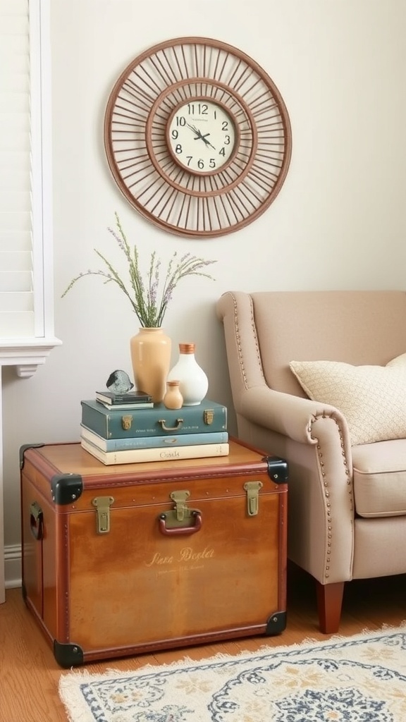 A vintage suitcase used as a side table next to a cozy chair, decorated with vases and stacked boxes.