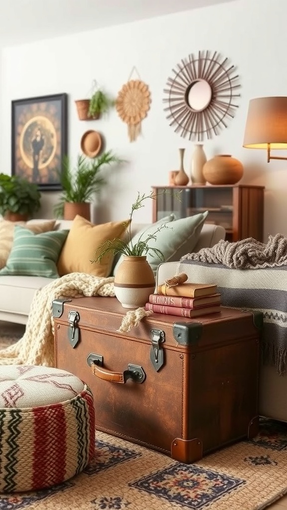 A vintage suitcase used as a side table in a cozy living room setting.