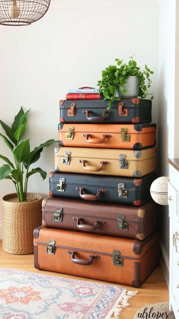 A stack of vintage suitcases with a plant on top, showcasing a cozy home decor idea.
