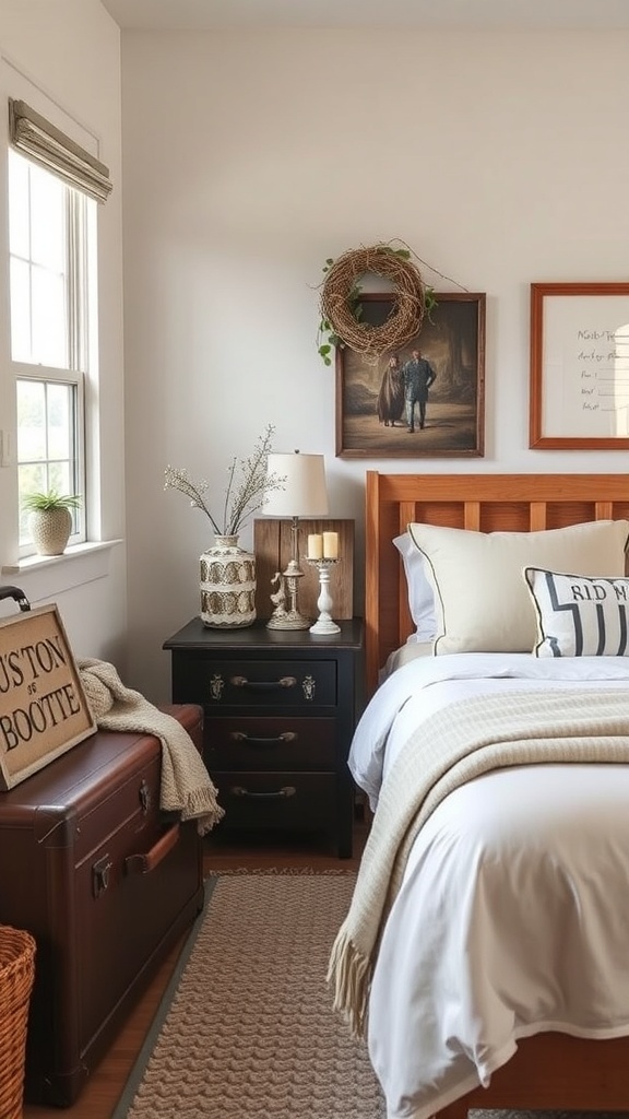 A cozy bedroom featuring a vintage suitcase used for storage at the foot of the bed.