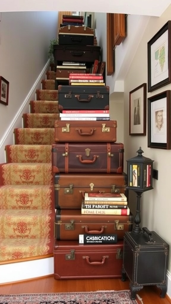 A staircase with stacked vintage suitcases used as book storage.