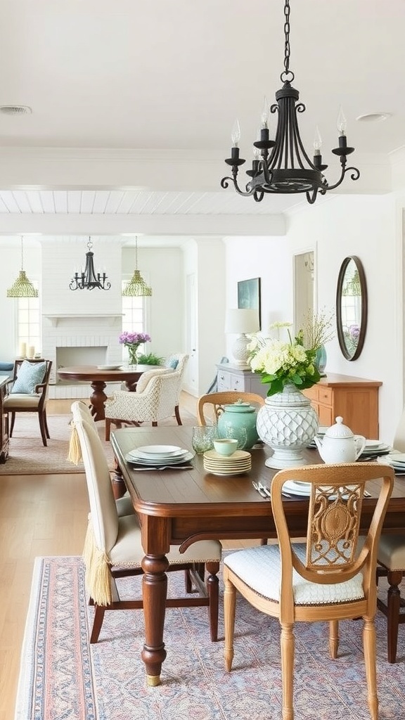 A cozy dining area featuring a vintage tableware display with a wooden table, elegant chairs, and a floral centerpiece.