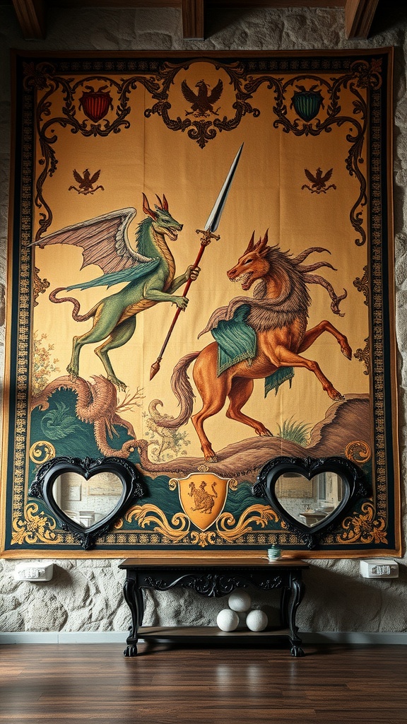 A vintage tapestry depicting a dragon and a horse in a medieval scene, with heart-shaped mirrors and a dark wooden table below.
