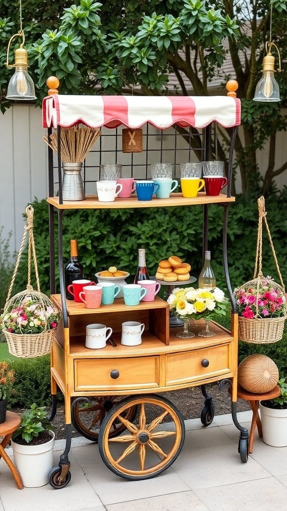 A vintage tea cart transformed into a colorful coffee bar with a striped canopy, displaying mugs and treats.