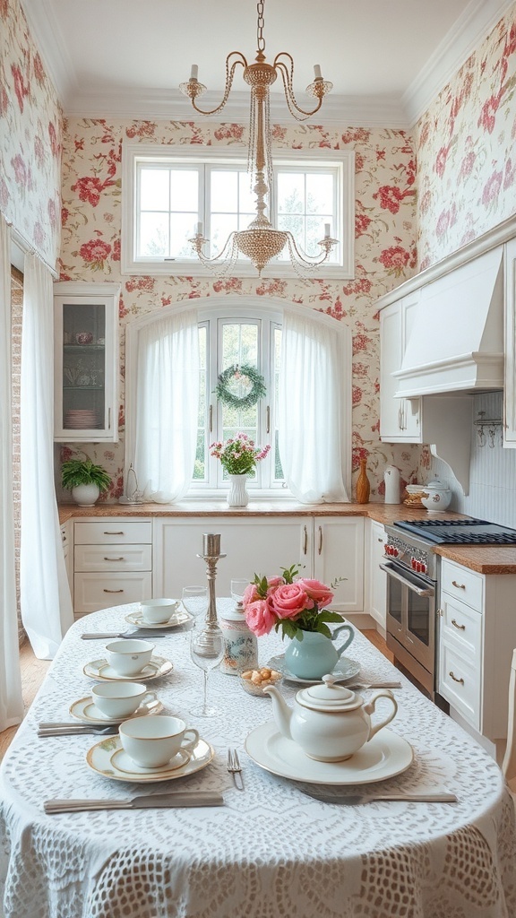 A vintage kitchen with floral wallpaper, a table set for tea, and a cozy atmosphere.