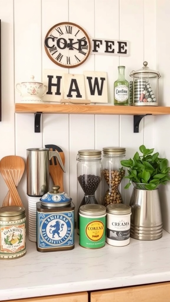 A coffee bar shelf featuring colorful vintage tea tins for sugar and cream, along with other decorative items.