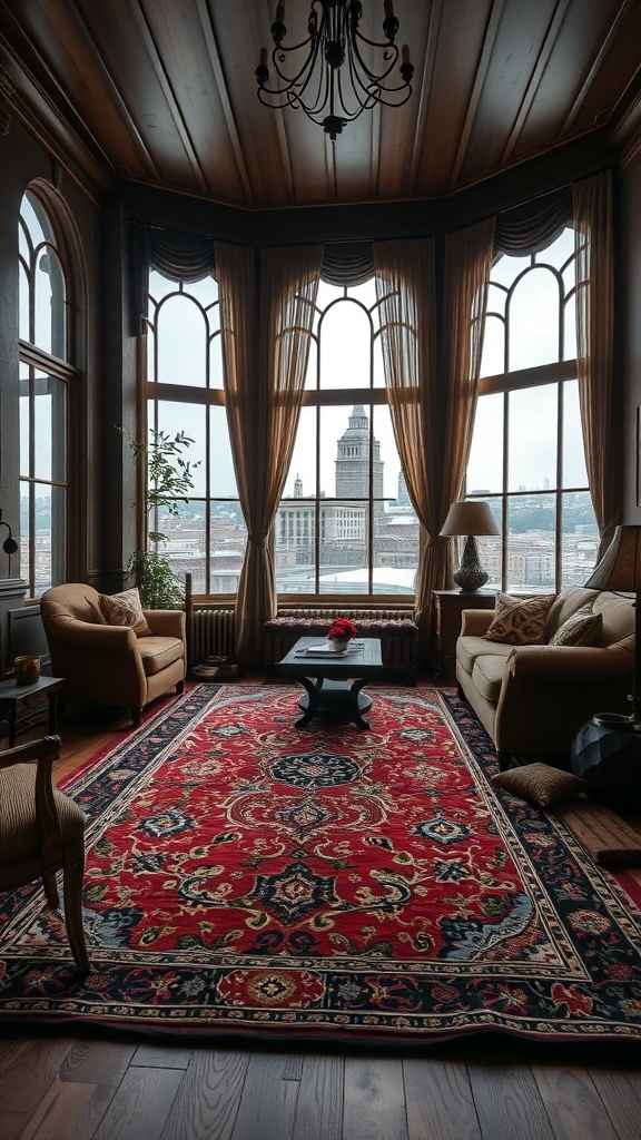 Ein Wohnzimmer mit einem Vintage-Teppich, bequemen Sofas und großen Fenstern, die eine schöne Aussicht bieten.