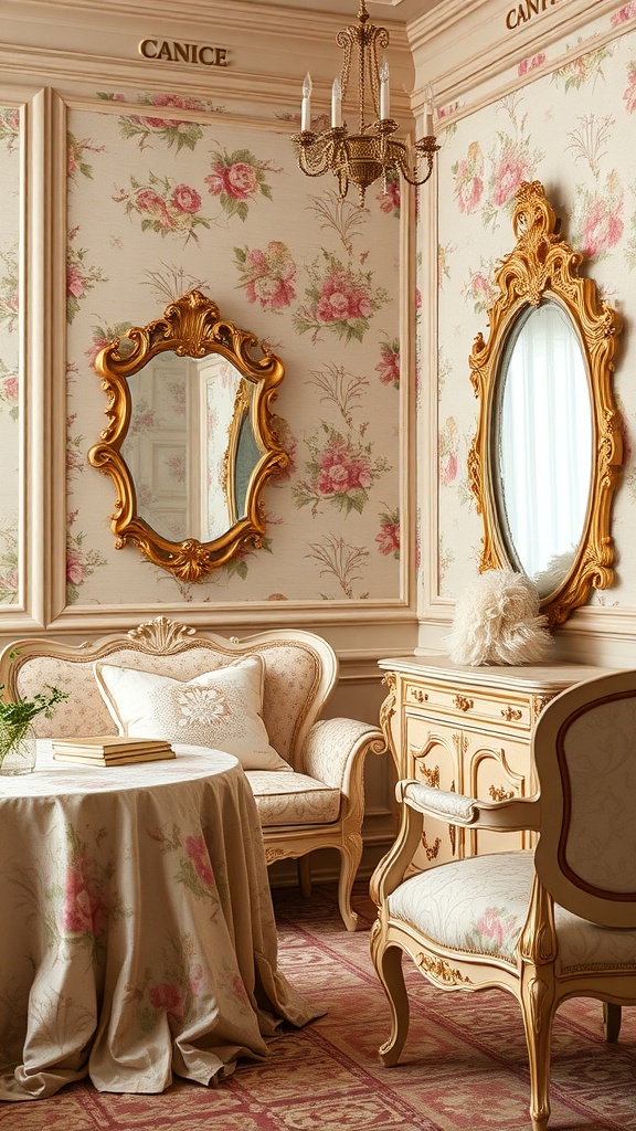 A vintage-inspired room featuring floral wallpaper, elegant mirrors, and soft textiles.