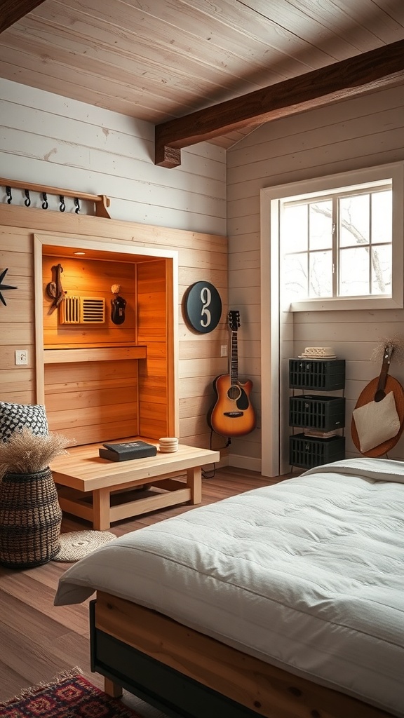 A cozy bedroom with a vintage-themed sauna retreat, featuring wooden walls, a guitar, and soft bedding.