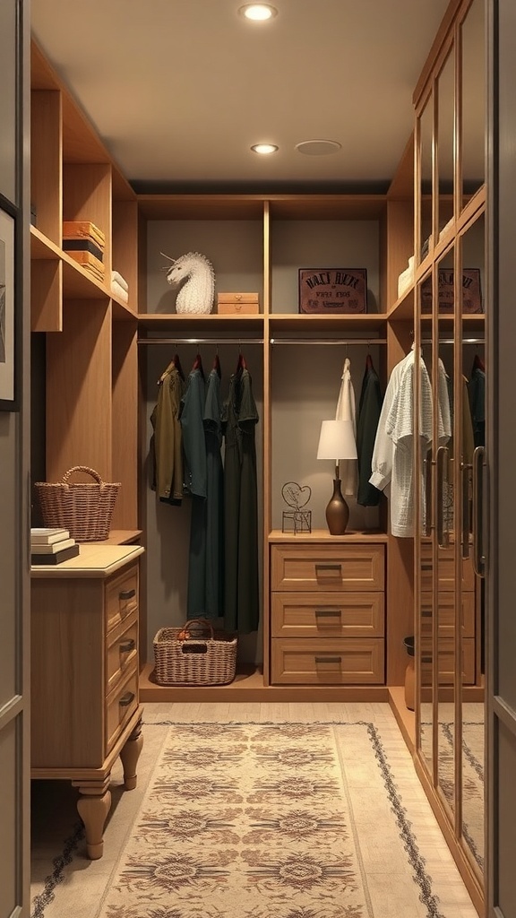 A walk-in closet featuring wooden shelves, a stylish dresser, and a vintage rug, blending modern and vintage design elements.